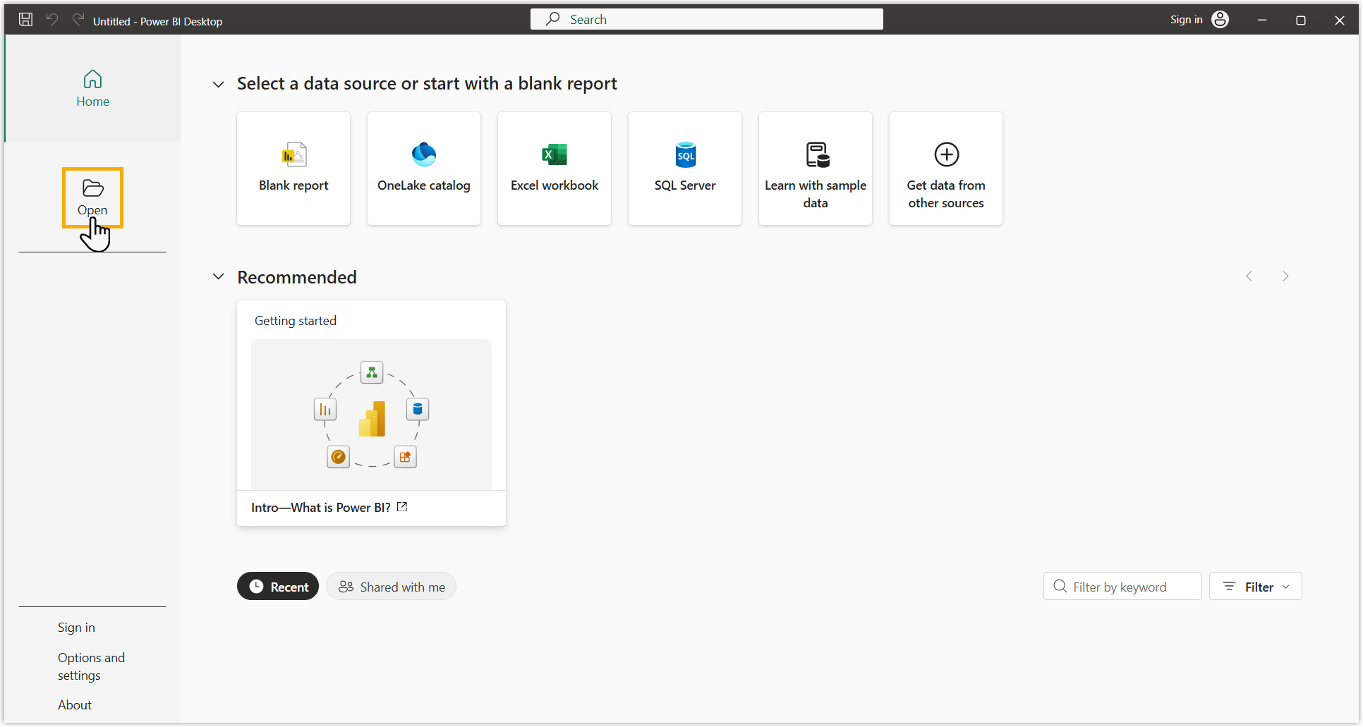 Power BI Desktop Open dialog with the report template selected