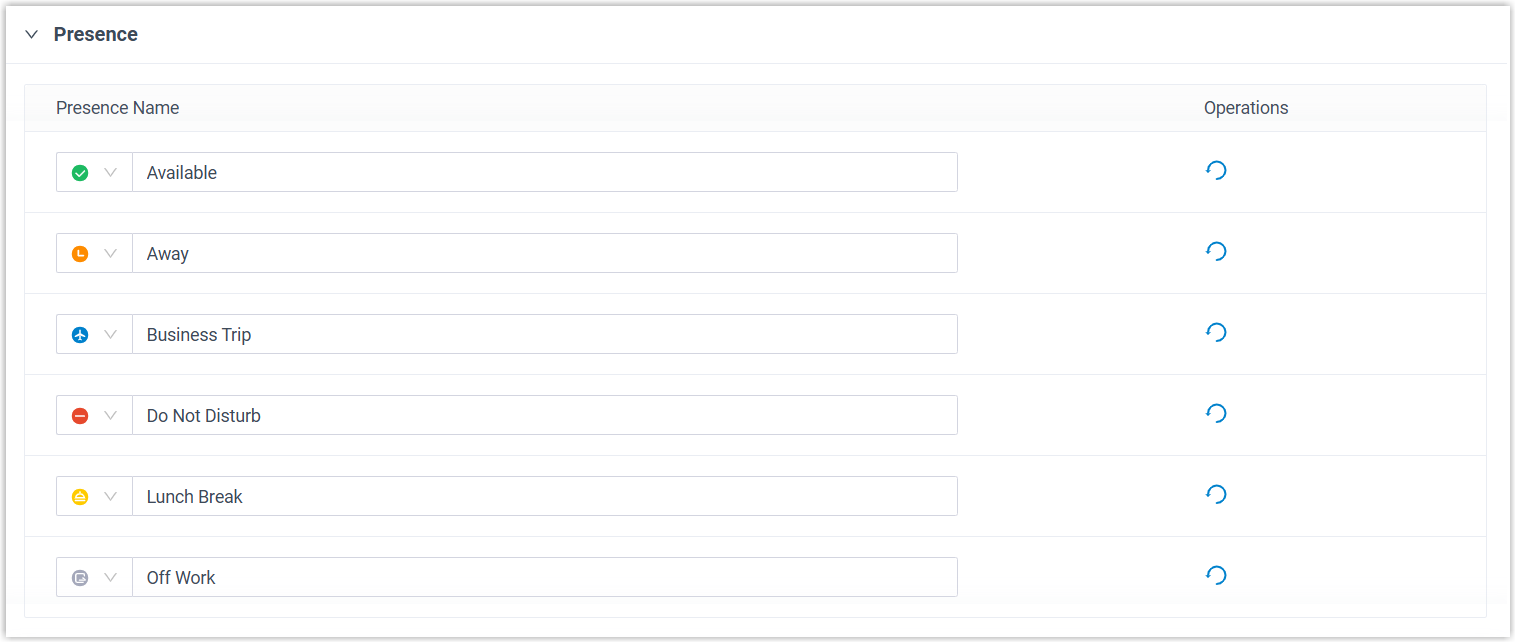 Presence status list with custom availability options in Cloud Voice preferences