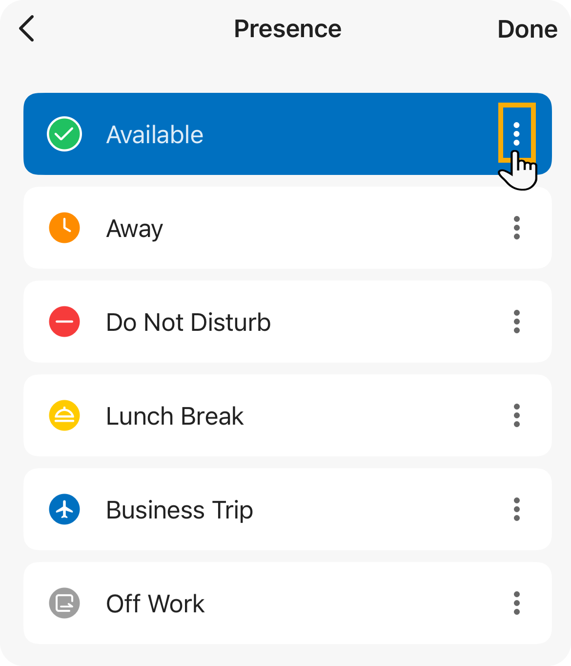 Presence list with an options menu open beside a status