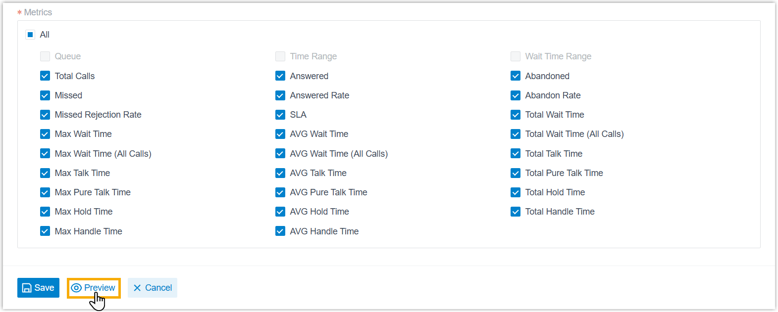A preview of the custom report before it is saved