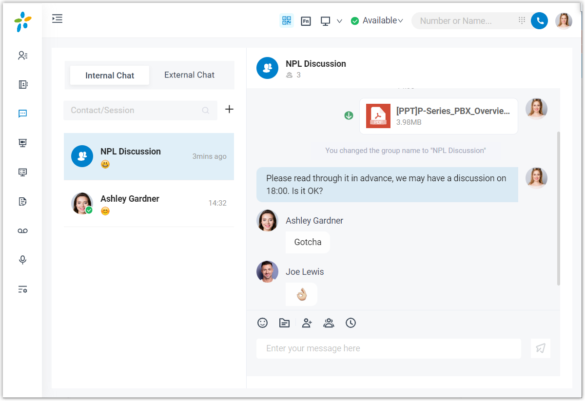 The Cloud Voice App desktop chat workspace with a conversation list and an open thread