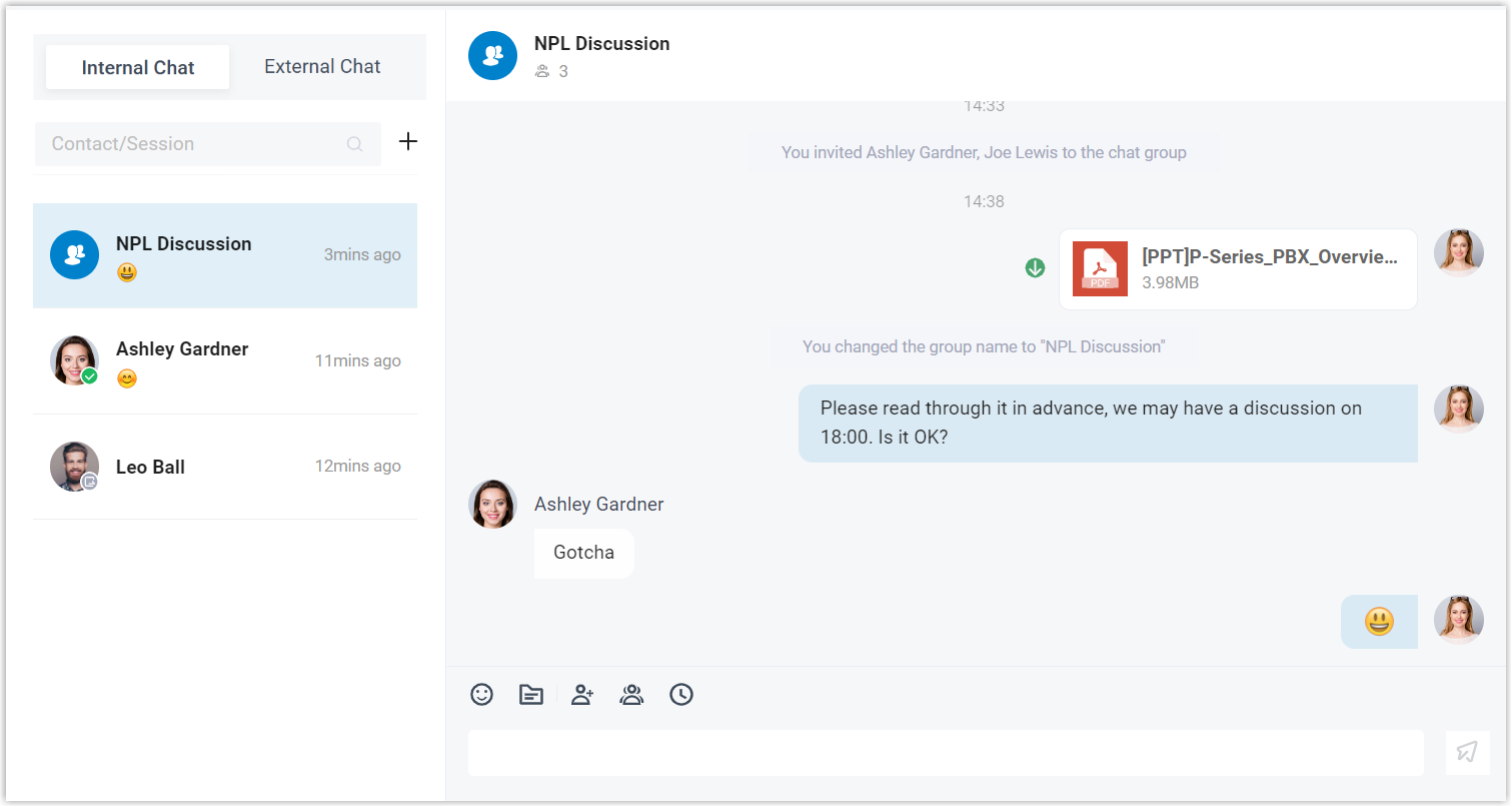 Cloud Voice App chat panel showing a conversation list beside an open message thread