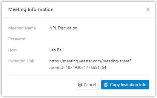 A window previewing the details of the newly created meeting