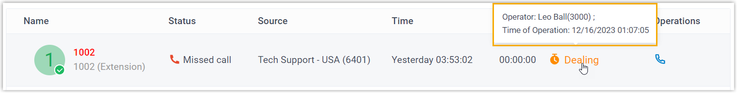 Operation record shown when hovering over a processing status in the web app