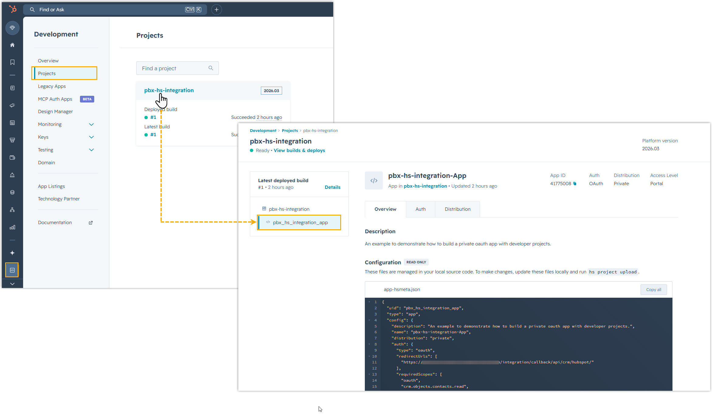 The new app listed under Projects in the HubSpot developer account