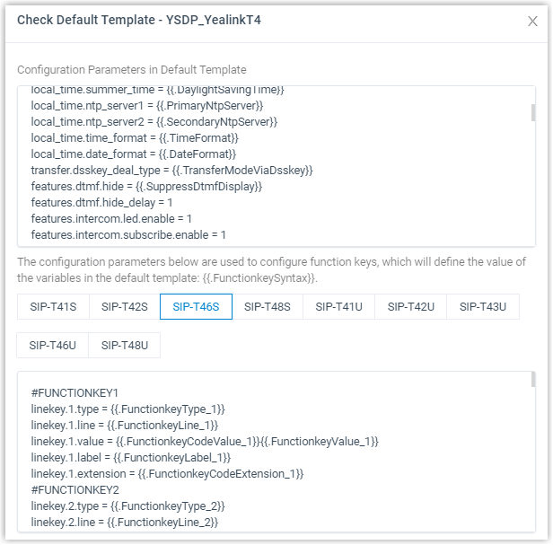 Default template detail showing configuration parameters and the function keys tab for a device model