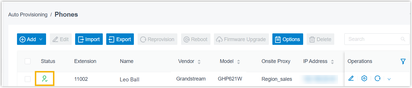 Provisioned Non-PnP phone showing its registration status