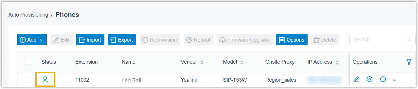 Provisioned PnP phone showing its registration status