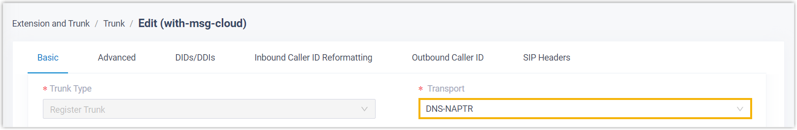 Trunk Transport drop-down list with DNS-NAPTR selected