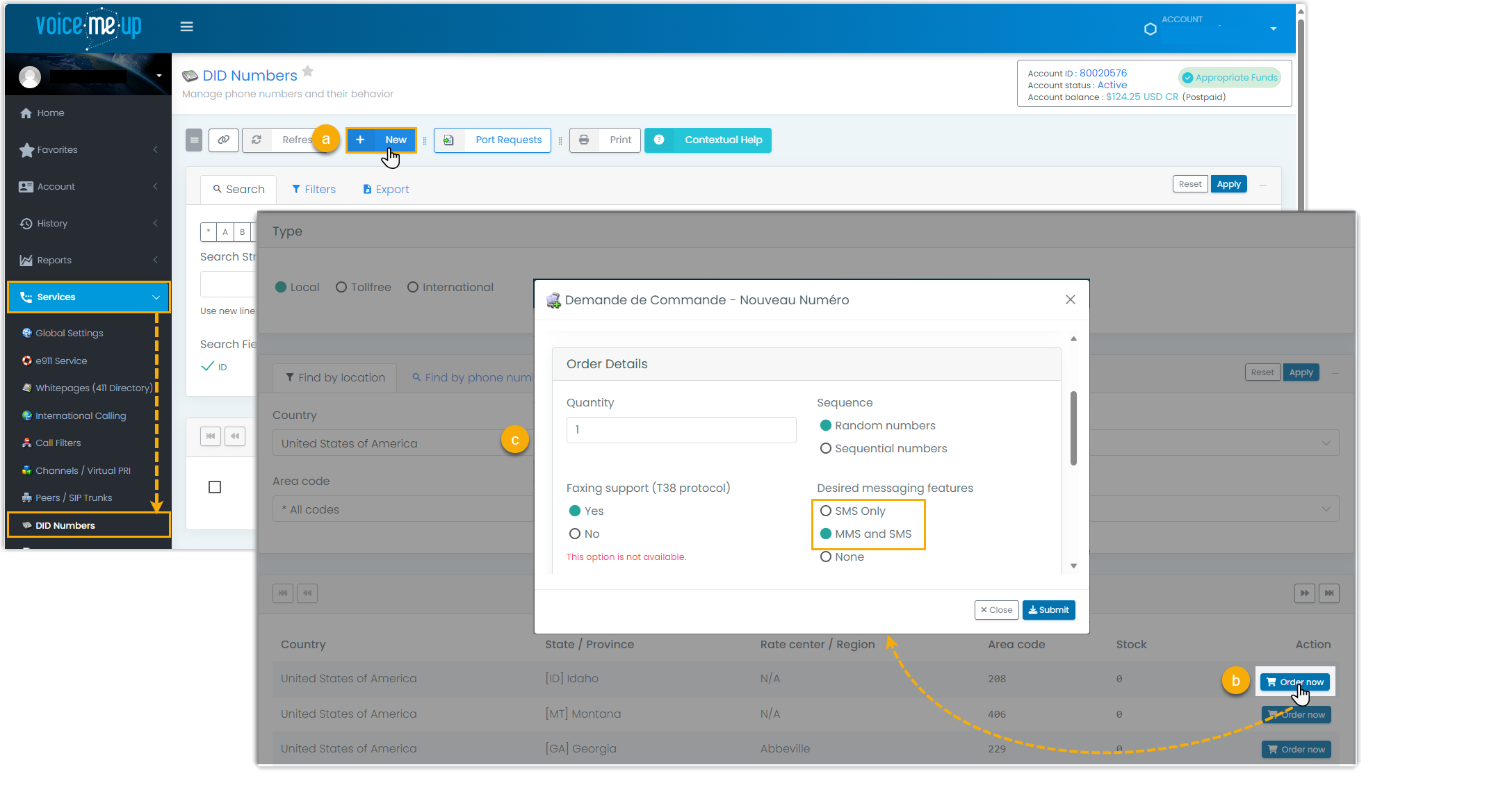 Purchasing a DID number with the SMS feature in the VoiceMeUp portal