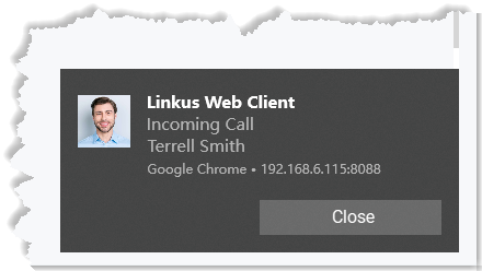 Cloud Voice, browser pop-up notification announcing an incoming call