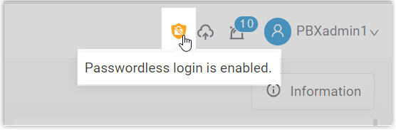 The passwordless access indicator shown in the top-right corner of the administrator portal