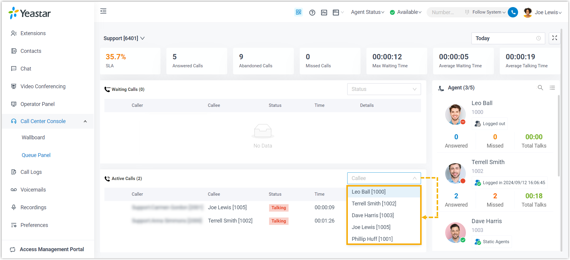 Cloud Voice, active call panel with filters applied to connected calls