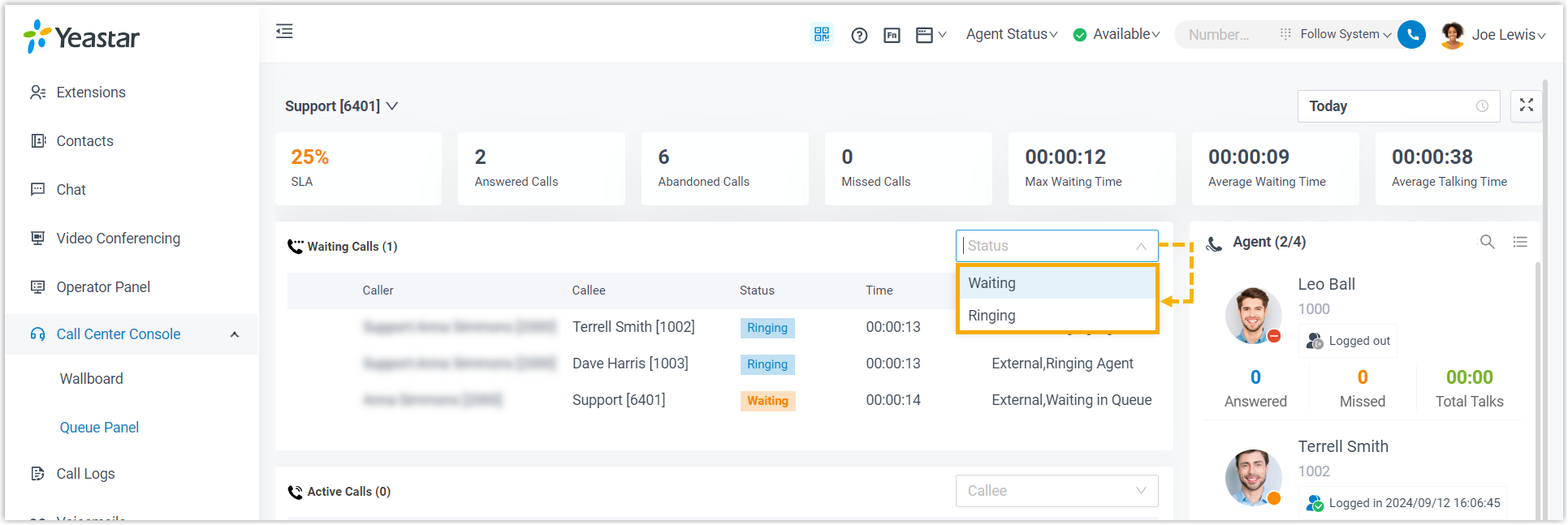 Cloud Voice, waiting call panel with filters applied to queued calls