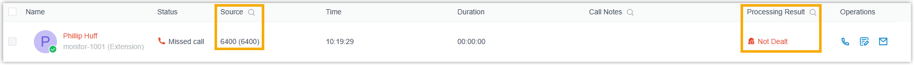 Expanded queue call log entry showing the source queue and processing status in the web app