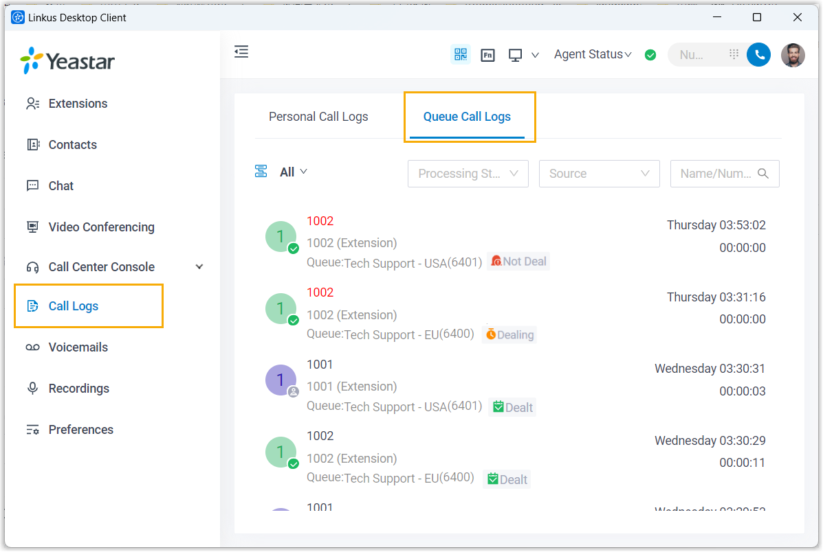 Cloud Voice, queue call logs shown in the desktop version of the app