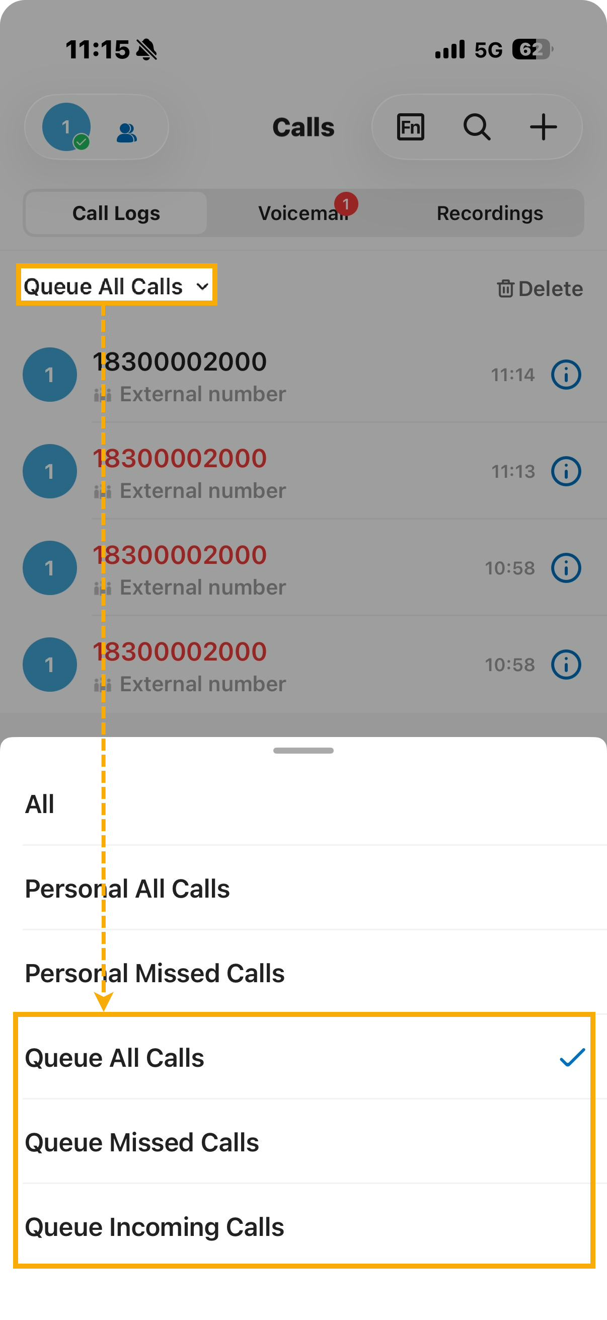 Queue call logs shown in the mobile version of the Cloud Voice App