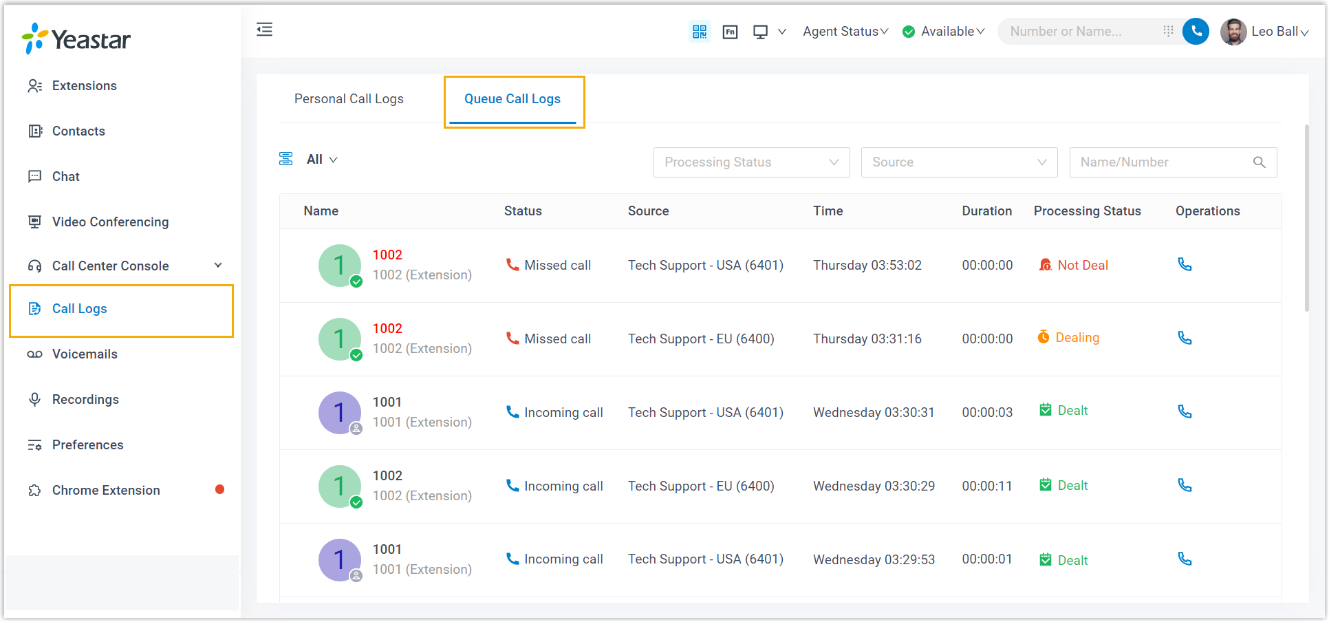 Cloud Voice, queue call logs shown in the web version of the app