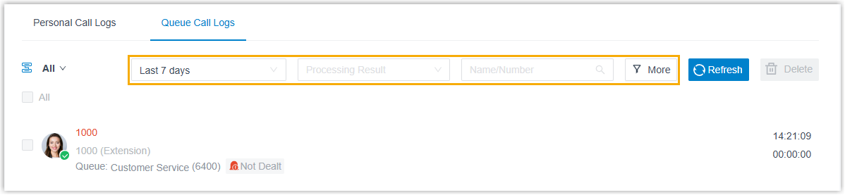 Queue call log list with filter controls across the top in the desktop app