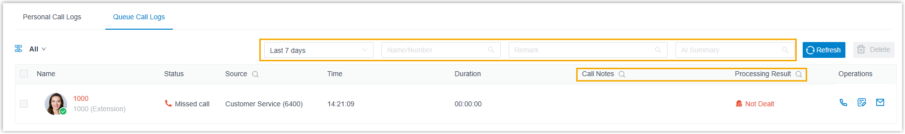 Queue call log list with filter controls across the top in the web app
