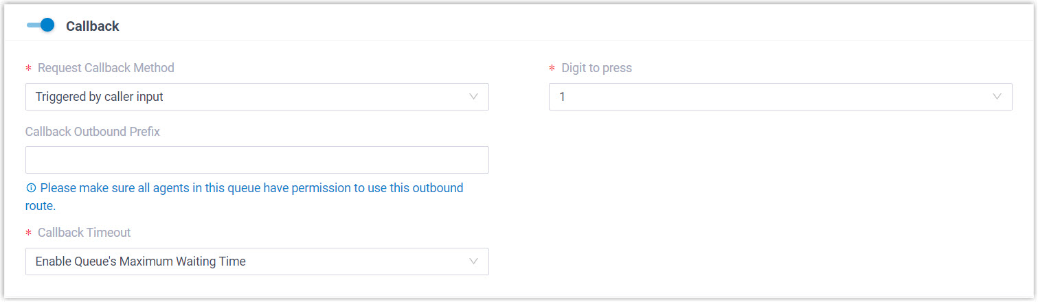 Callback settings for a queue with the caller-input trigger selected