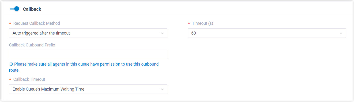 Callback settings for a queue with the automatic timeout trigger selected
