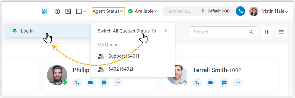 The Agent Status menu expanded to switch every queue to logged in