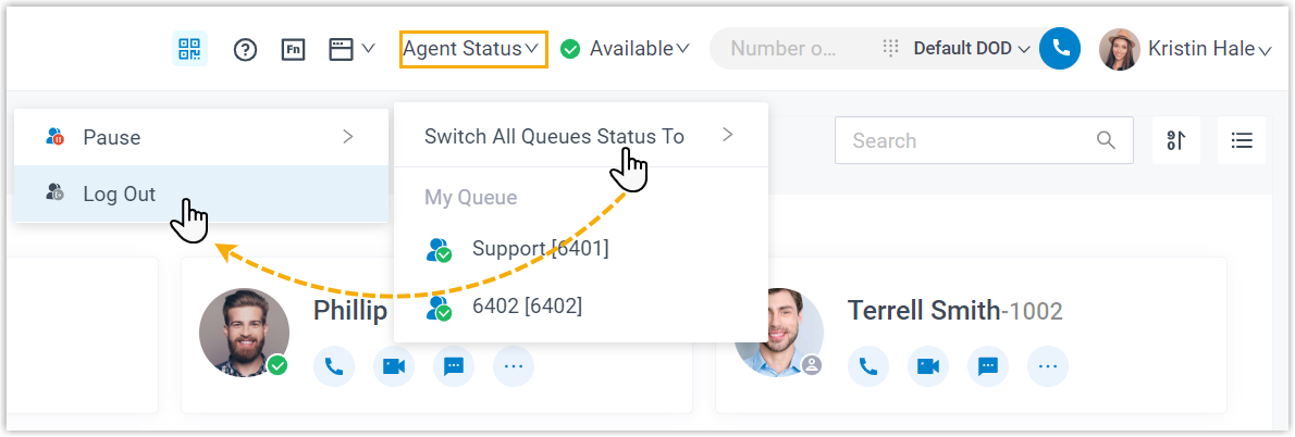 The Agent Status menu expanded to switch every queue to logged out
