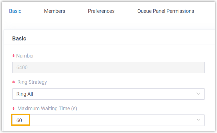 Maximum Waiting Time field on a queue's Basic settings
