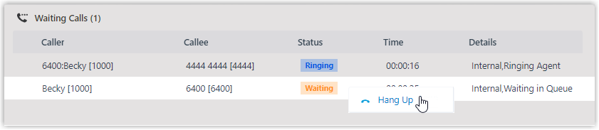 Right-clicking a queue call in the panel to reveal the Hang Up option