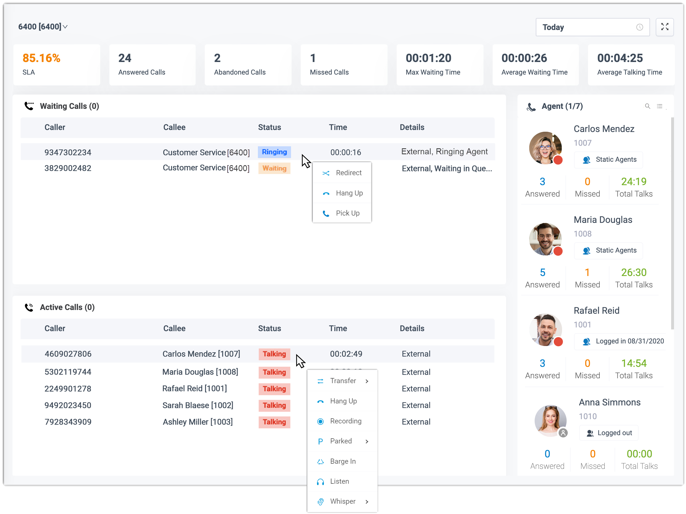Queue Panel showing live statistics, waiting and active calls, and the agent list