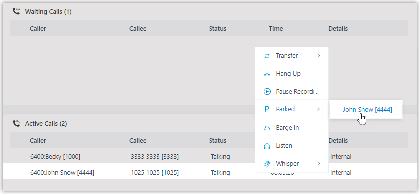 Queue Panel with an active call being parked from the right-click menu