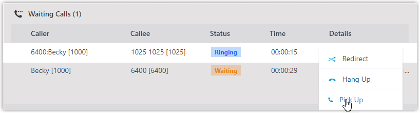 Queue Panel with the right-click menu open on a ringing call and the Pick Up option highlighted