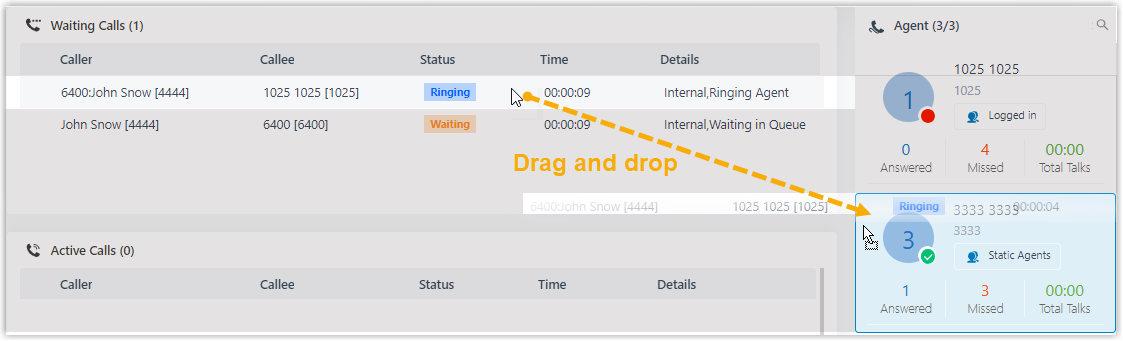 Dragging a waiting call onto an agent tile in the queue panel
