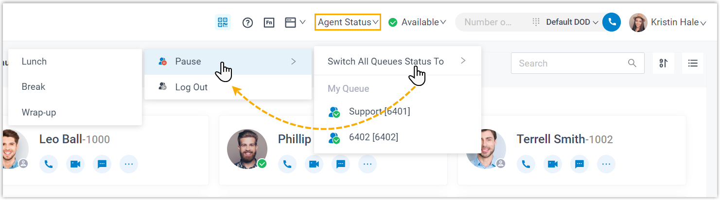 Pausing every queue at once from the Agent Status menu