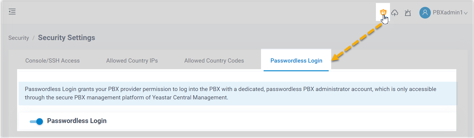 Cloud Voice, the passwordless-access shortcut icon in the top-right of the administration portal