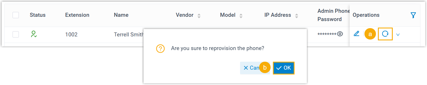 Phones list with the reprovision control highlighted