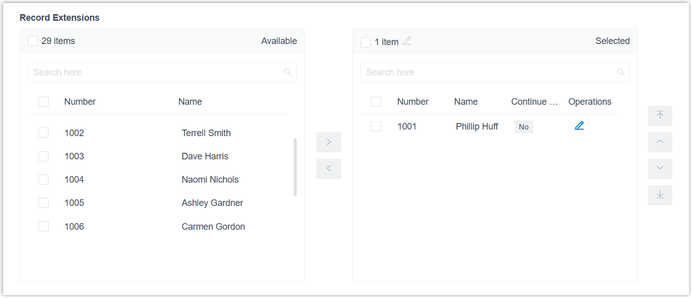 Extension recording with several extensions moved to the Selected box