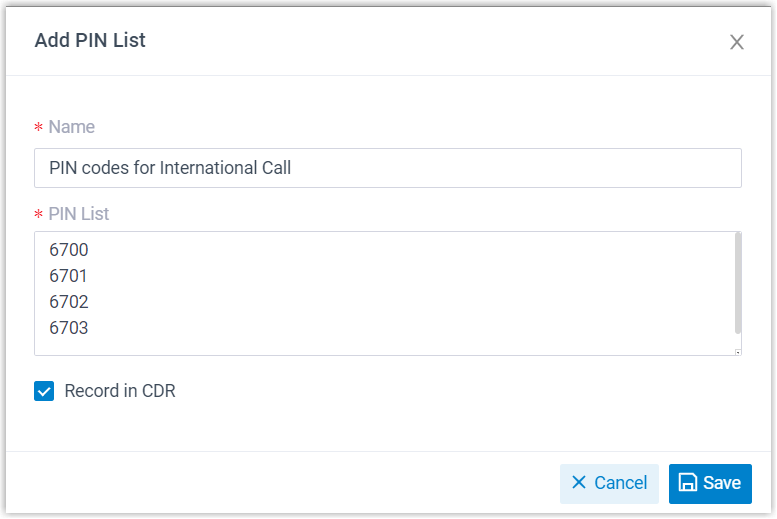 Creating a PIN list with a name, codes, and CDR recording enabled