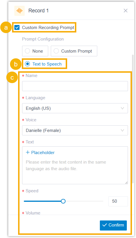 Text-to-speech settings for the start-of-recording announcement