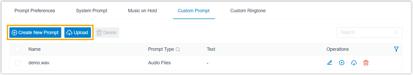 The Custom Prompt page with options to upload or record an audio file