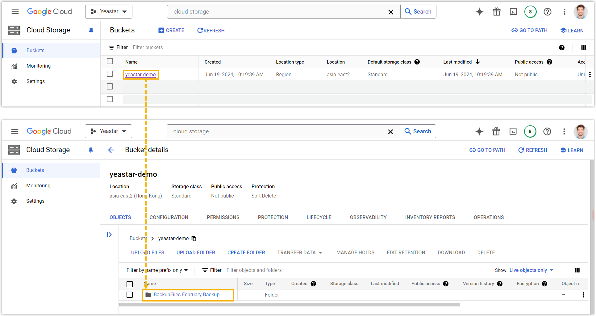 Cloud Voice, archived recording files shown in the Cloud Storage bucket