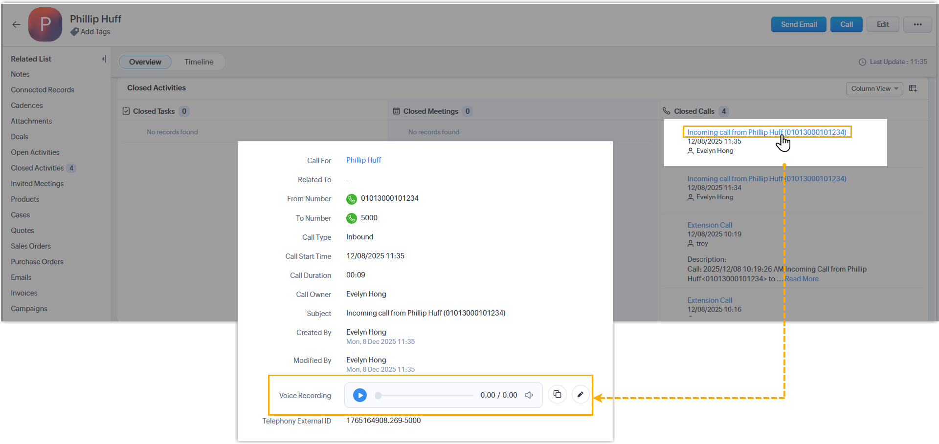 A Zoho CRM call log showing an embedded recording ready to play