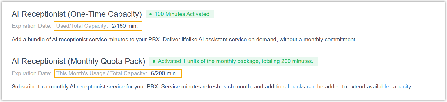 AI receptionist usage shown under add-on subscription