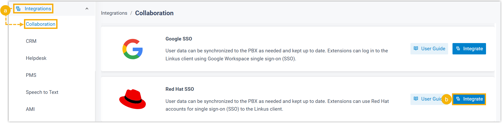 Cloud Voice, Red Hat SSO card on the collaboration integrations page