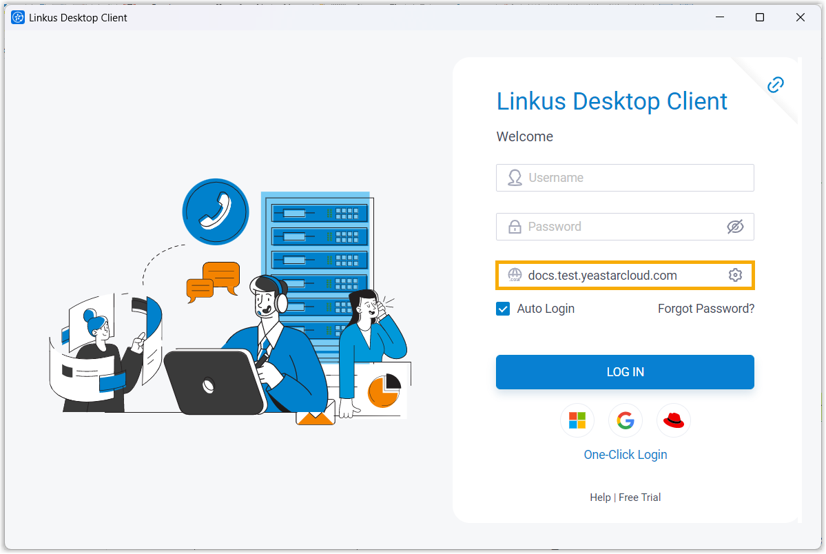 Cloud Voice, Desktop Client login screen with the server address entered in the Domain field