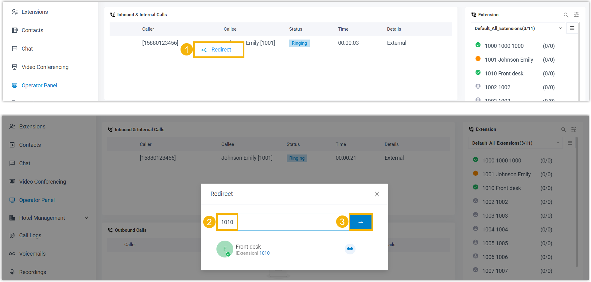 Redirecting an unanswered guest call to another destination