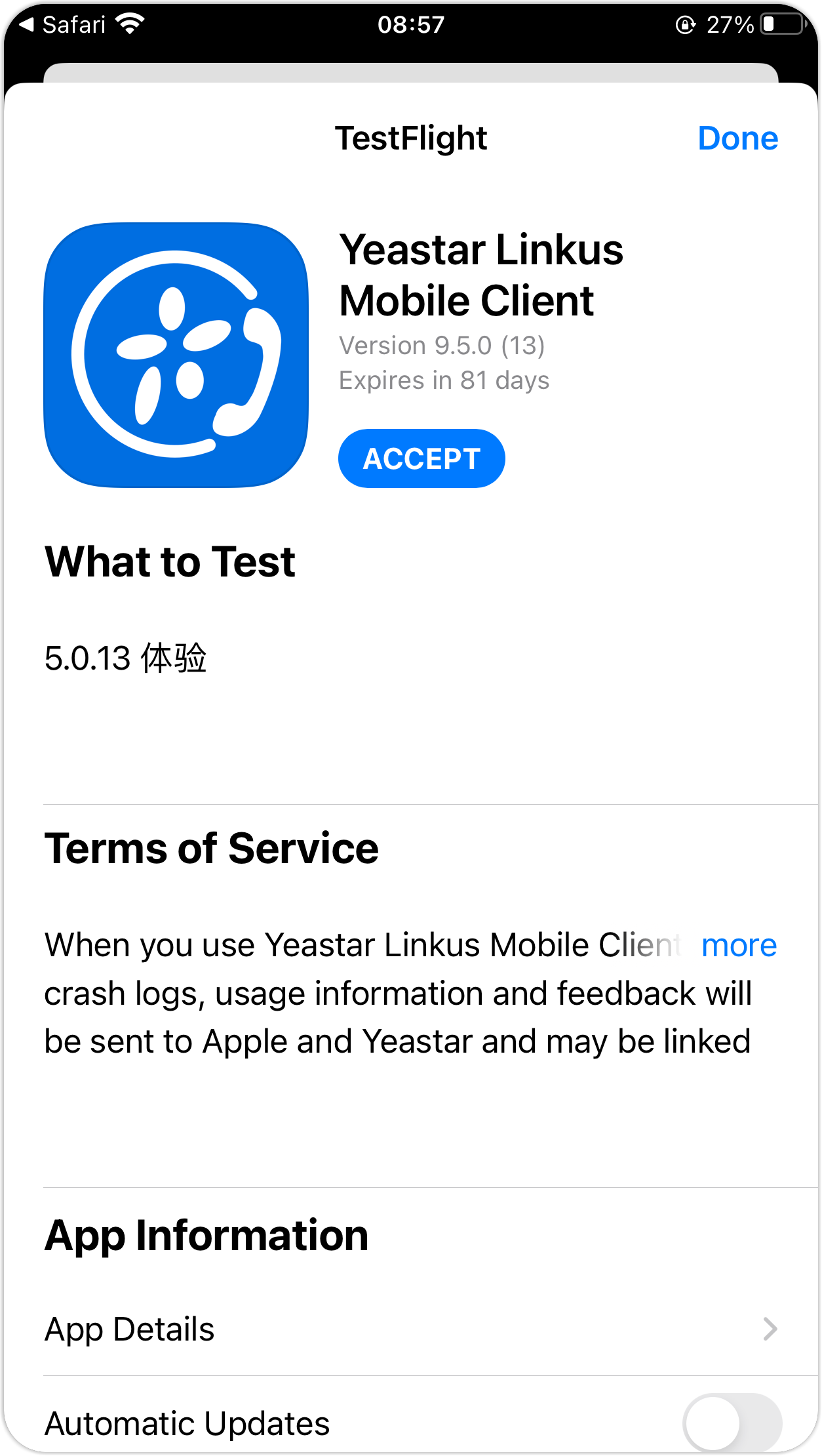 Cloud Voice, Safari prompting to open the beta invitation in TestFlight