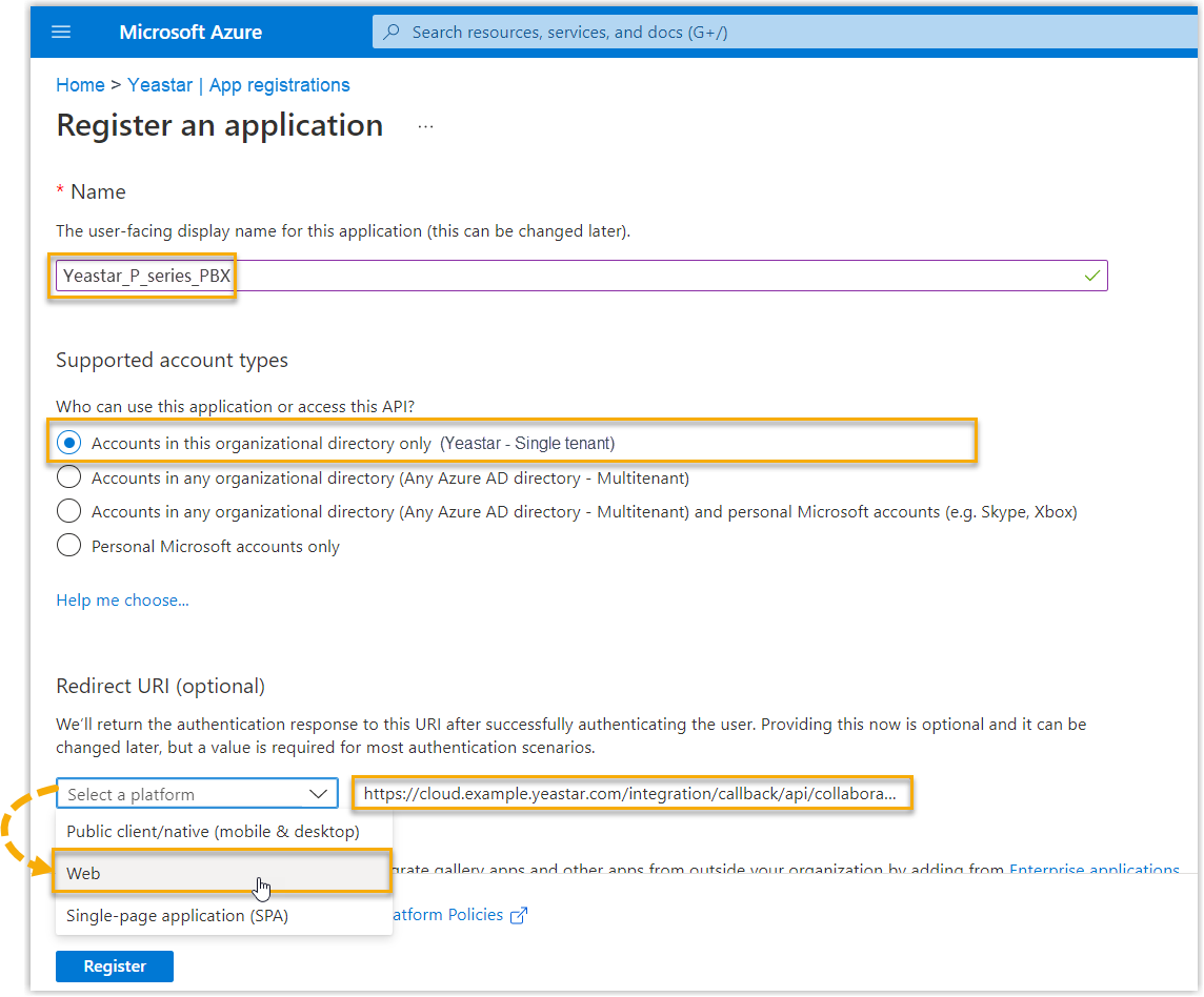 The Register an application page with the name, single-tenant account type, and Web redirect URI filled in