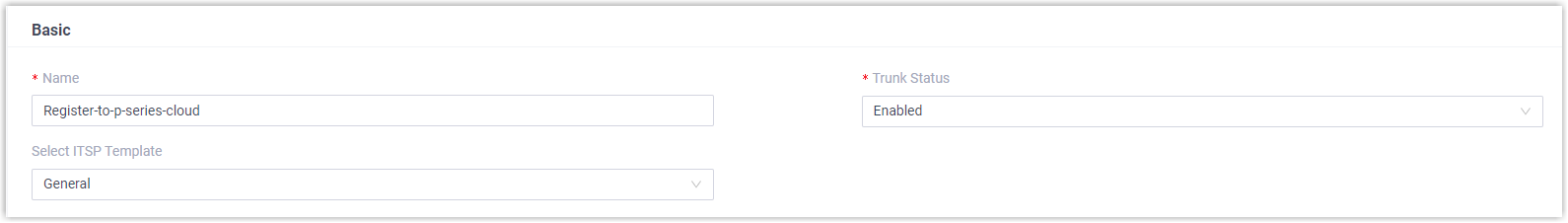 The Basic section of a new trunk with name, status, and template fields